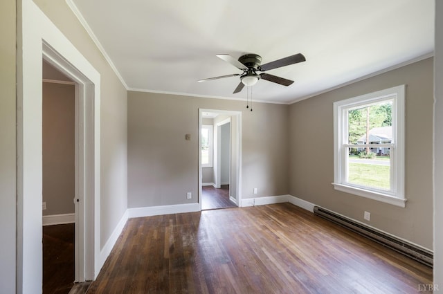 4550 Pumping Station Rd, Appomattox, VA 24522 - empty room featuring baseboard heating, wood finished floors, a ceiling fan, and crown molding