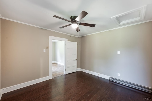 4550 Pumping Station Rd, Appomattox, VA 24522 - spare room featuring a ceiling fan, dark wood-style flooring, crown molding, and attic access