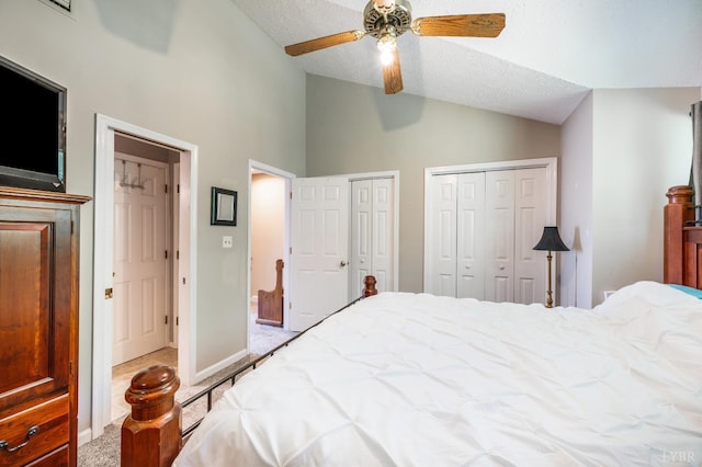 17 Jefferson Village Dr, Forest, VA 24551 - carpeted bedroom with lofted ceiling, two closets, ceiling fan, and a textured ceiling