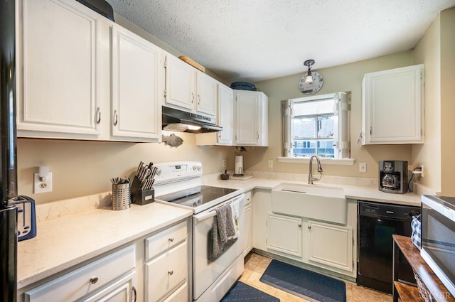 17 Jefferson Village Dr, Forest, VA 24551 - kitchen with electric range, under cabinet range hood, black dishwasher, white cabinetry, and a textured ceiling
