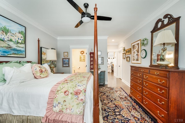1010 Coles Ct, Forest, VA 24551 - bedroom featuring ornamental molding, wood finished floors, ceiling fan, and ensuite bath