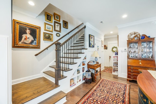 1010 Coles Ct, Forest, VA 24551 - stairway with wood finished floors, recessed lighting, and crown molding