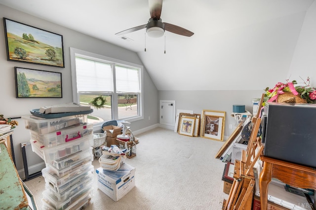 1010 Coles Ct, Forest, VA 24551 - rec room featuring vaulted ceiling, ceiling fan, and carpet flooring