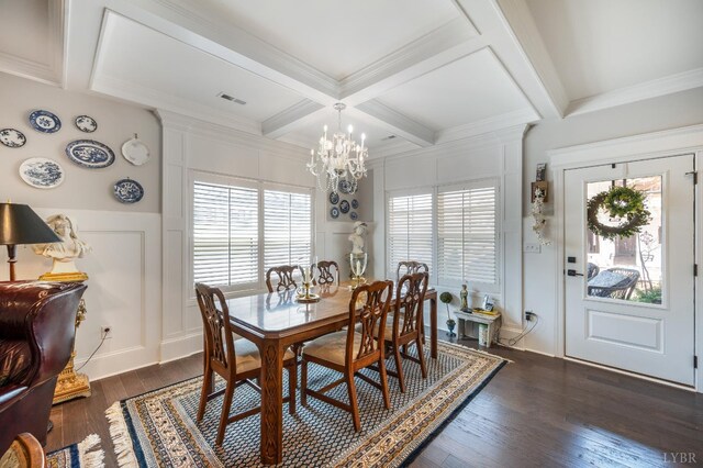 1010 Coles Ct, Forest, VA 24551 - dining room featuring a decorative wall, beamed ceiling, a chandelier, coffered ceiling, and dark wood-style floors