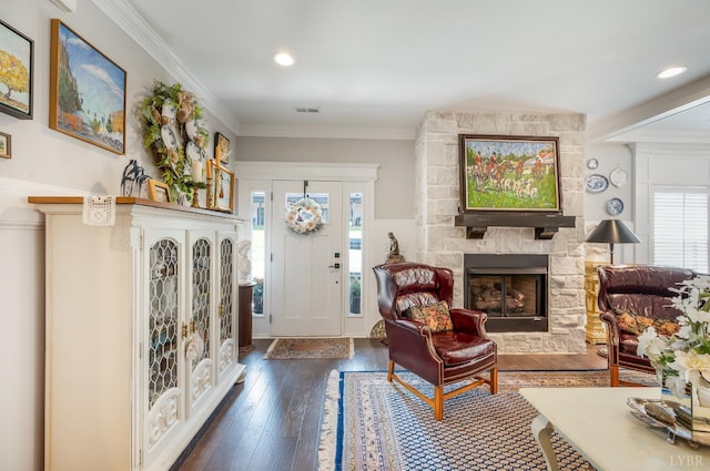 1010 Coles Ct, Forest, VA 24551 - entrance foyer featuring a fireplace, hardwood / wood-style flooring, ornamental molding, and recessed lighting