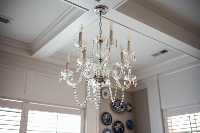 1010 Coles Ct, Forest, VA 24551 - detailed view of a chandelier, crown molding, and beamed ceiling