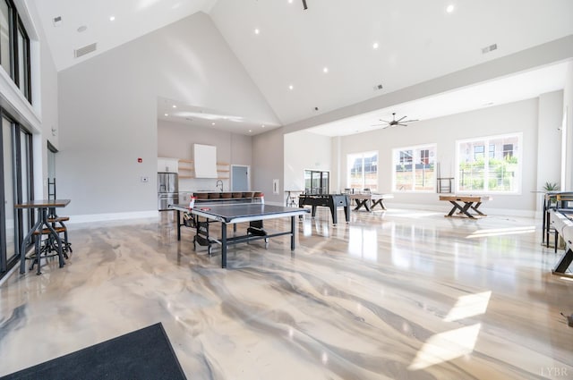 1010 Coles Ct, Forest, VA 24551 - rec room featuring high vaulted ceiling, recessed lighting, ceiling fan, and finished concrete floors
