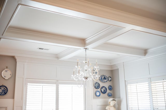 1010 Coles Ct, Forest, VA 24551 - detailed view of a decorative wall, a chandelier, crown molding, and beamed ceiling