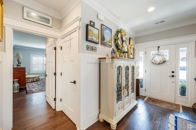 1010 Coles Ct, Forest, VA 24551 - entryway with crown molding, dark wood-style floors, a decorative wall, and recessed lighting