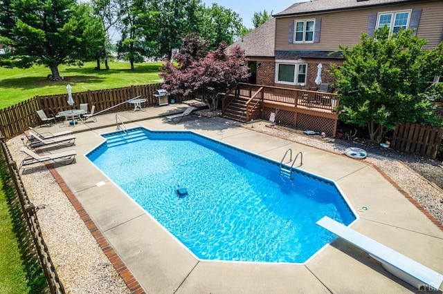 1159 Cifax Rd, Forest, VA 24551 - view of pool featuring a deck, a fenced backyard, a patio, a diving board, and grilling area