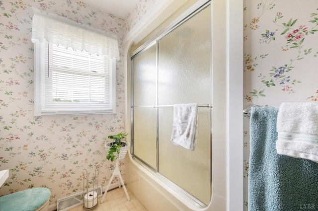 1159 Cifax Rd, Forest, VA 24551 - bathroom with wallpapered walls, shower / bath combination with glass door, and tile patterned floors