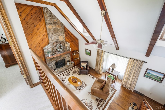 1159 Cifax Rd, Forest, VA 24551 - living area with a ceiling fan, a stone fireplace, beam ceiling, and high vaulted ceiling