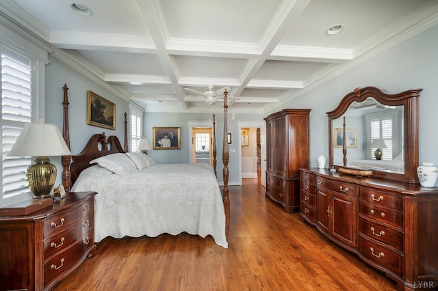 1424 Lake Manor Dr, Forest, VA 24551 - bedroom with dark wood-style floors, beamed ceiling, coffered ceiling, and ornamental molding