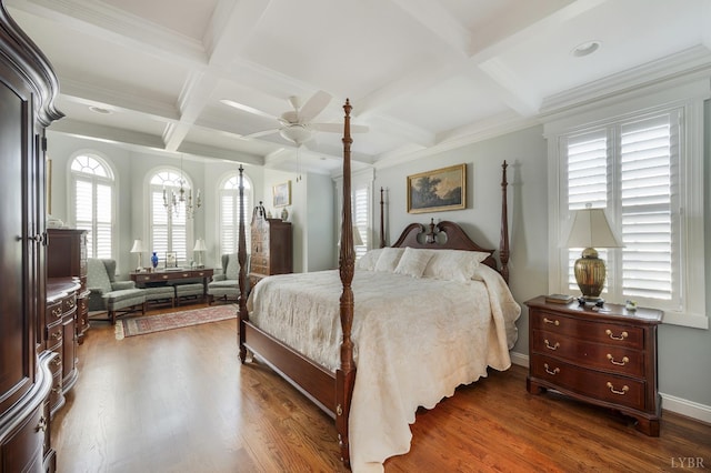 1424 Lake Manor Dr, Forest, VA 24551 - bedroom featuring coffered ceiling, dark wood-style floors, beamed ceiling, and a ceiling fan