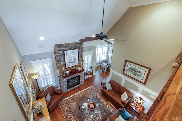 1424 Lake Manor Dr, Forest, VA 24551 - living area with high vaulted ceiling, a ceiling fan, wood finished floors, and a fireplace