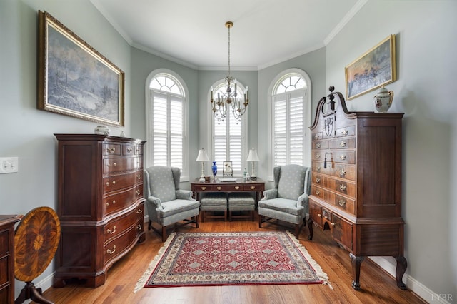 1424 Lake Manor Dr, Forest, VA 24551 - sitting room featuring a chandelier, ornamental molding, and wood finished floors