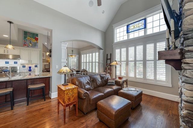 1424 Lake Manor Dr, Forest, VA 24551 - living area with decorative columns, arched walkways, high vaulted ceiling, and wood finished floors