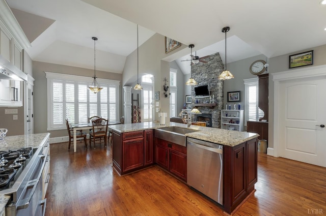1424 Lake Manor Dr, Forest, VA 24551 - kitchen with stainless steel dishwasher, ceiling fan, lofted ceiling, a stone fireplace, and dark brown cabinets