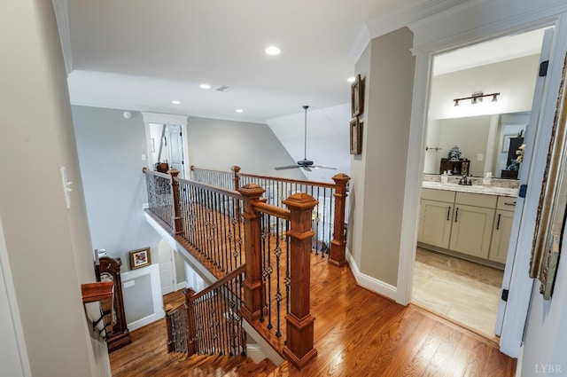 1424 Lake Manor Dr, Forest, VA 24551 - hall with an upstairs landing, wood finished floors, recessed lighting, and crown molding