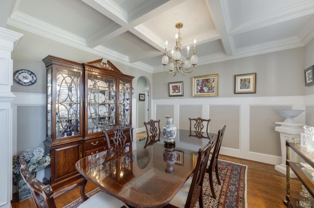 1424 Lake Manor Dr, Forest, VA 24551 - dining area featuring arched walkways, a chandelier, beamed ceiling, coffered ceiling, and wood finished floors