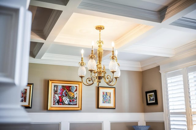 1424 Lake Manor Dr, Forest, VA 24551 - detailed view of coffered ceiling, ornamental molding, a chandelier, beamed ceiling, and wainscoting