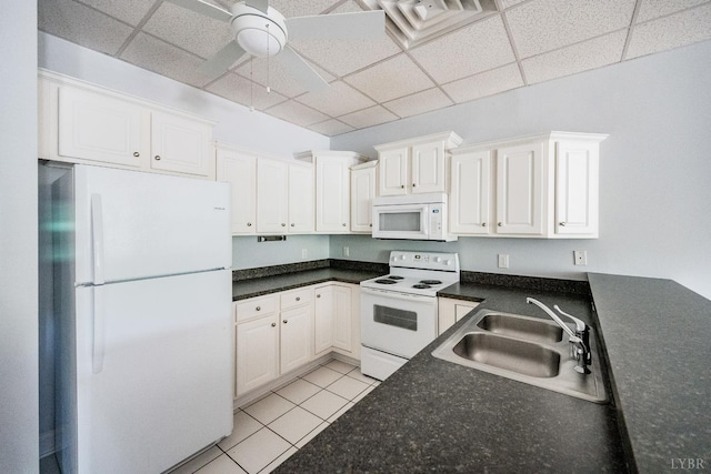1313 Enterprise, Lynchburg, VA 24502 - kitchen with white appliances, a paneled ceiling, ceiling fan, dark countertops, and light tile patterned floors