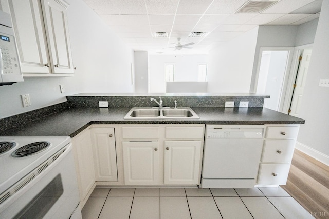 1313 Enterprise, Lynchburg, VA 24502 - kitchen with white appliances, ceiling fan, dark countertops, a peninsula, and a drop ceiling