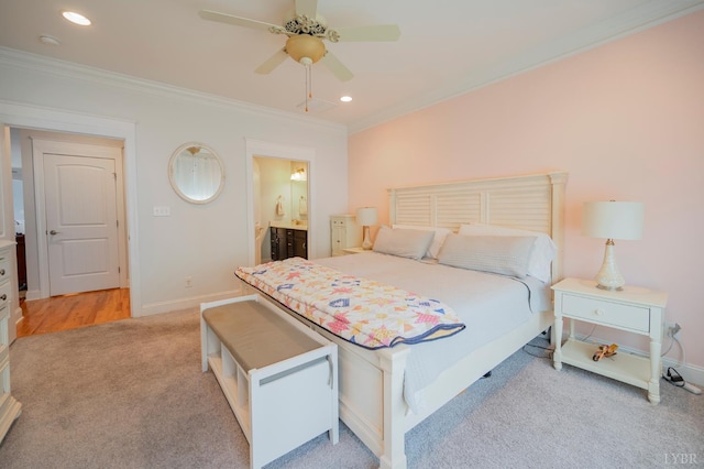 1507 Helmsdale Dr, Forest, VA 24551 - bedroom with light colored carpet, crown molding, recessed lighting, ensuite bath, and a ceiling fan