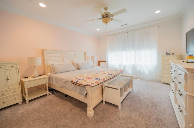 1507 Helmsdale Dr, Forest, VA 24551 - bedroom with light carpet, ornamental molding, recessed lighting, and a ceiling fan