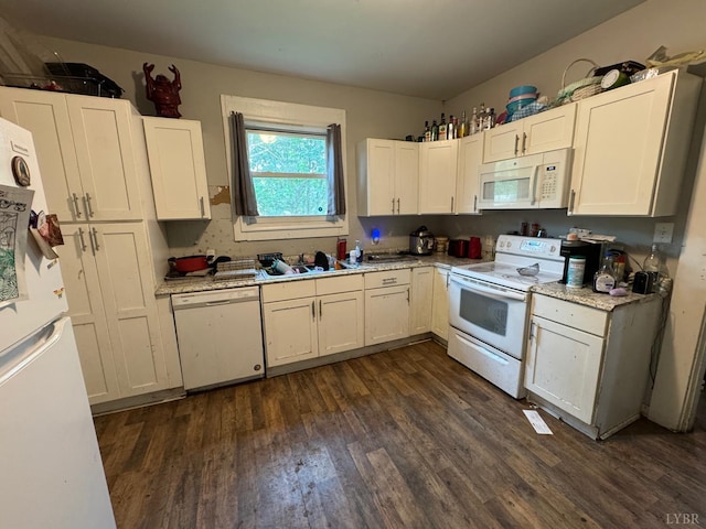 2402 Fairview Ave, Lynchburg, VA 24501 - kitchen featuring white appliances, dark wood-type flooring, white cabinets, and light stone countertops