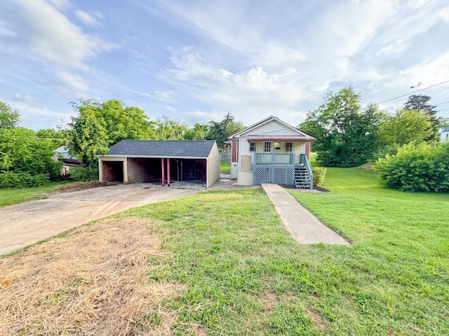 1033 8th St, Altavista, VA 24517 - view of outdoor structure featuring a porch, stairs, concrete driveway, and a detached carport