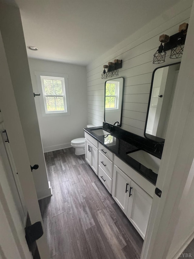 601 Mockingbird Ln, Gladstone, VA 24553 - bathroom with healthy amount of natural light, wooden walls, double vanity, and wood finished floors