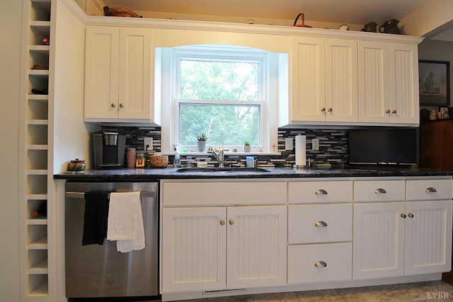 1538 Redfields Rd, Appomattox, VA 24522 - kitchen featuring dishwasher, decorative backsplash, white cabinets, and dark stone counters