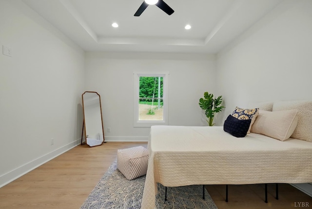 201 Thomas Rd, Lynchburg, VA 24501 - bedroom with a raised ceiling, light wood-style flooring, a ceiling fan, and recessed lighting