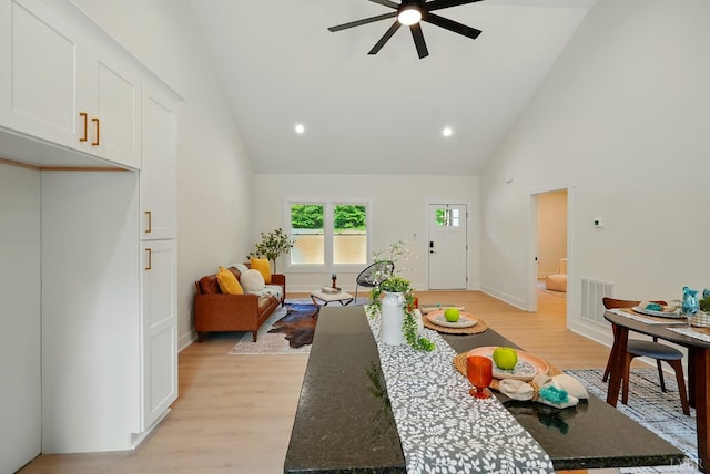 201 Thomas Rd, Lynchburg, VA 24501 - living room with high vaulted ceiling, a ceiling fan, light wood-style floors, and recessed lighting