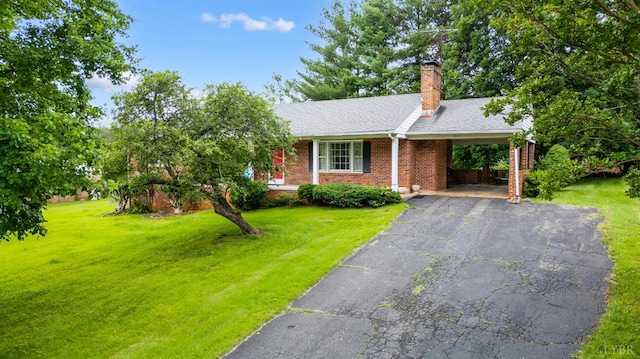 313 Robin Dr, Lynchburg, VA 24502 - ranch-style house with asphalt driveway, a front lawn, a carport, brick siding, and a chimney