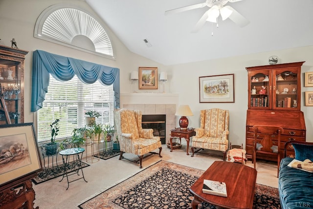158 Salisbury Cir, Lynchburg, VA 24502 - carpeted living room with lofted ceiling, ceiling fan, a fireplace, and healthy amount of natural light