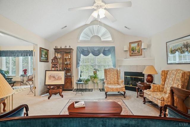 158 Salisbury Cir, Lynchburg, VA 24502 - carpeted living room featuring vaulted ceiling, a fireplace, and ceiling fan