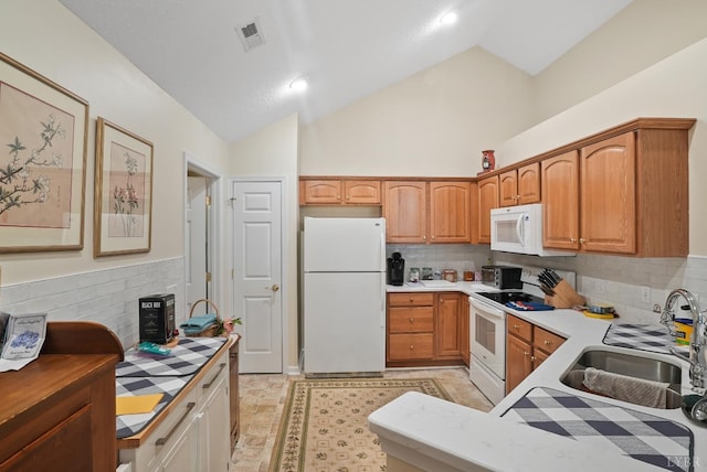 158 Salisbury Cir, Lynchburg, VA 24502 - kitchen featuring white appliances, light countertops, high vaulted ceiling, and decorative backsplash