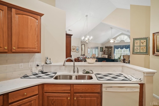 158 Salisbury Cir, Lynchburg, VA 24502 - kitchen with white dishwasher, light countertops, tasteful backsplash, lofted ceiling, and open floor plan