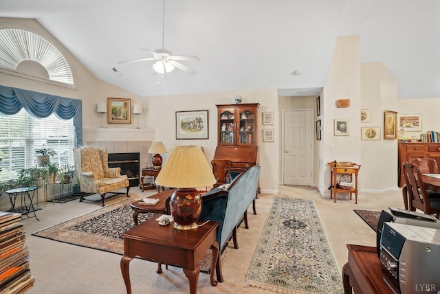 158 Salisbury Cir, Lynchburg, VA 24502 - living area with a ceiling fan, high vaulted ceiling, light carpet, and a fireplace
