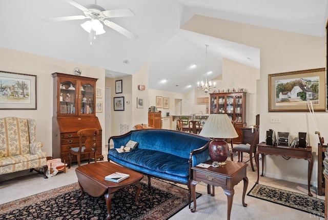 158 Salisbury Cir, Lynchburg, VA 24502 - living area featuring a chandelier, carpet floors, ceiling fan, and high vaulted ceiling