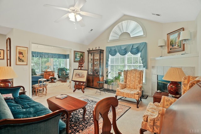 158 Salisbury Cir, Lynchburg, VA 24502 - carpeted living room with lofted ceiling and ceiling fan