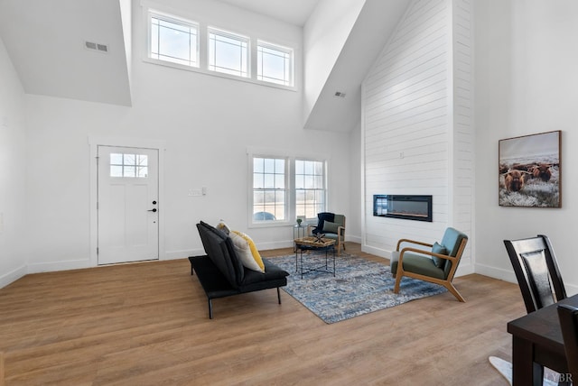 217 Stonegate Way, Danville, VA 24541 - living area featuring a towering ceiling, a fireplace, and light wood finished floors