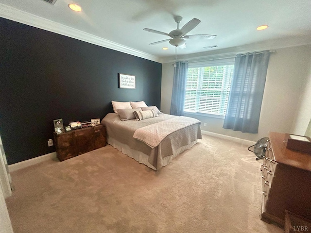 1481 Helmsdale Dr, Forest, VA 24551 - bedroom featuring crown molding, light carpet, recessed lighting, and ceiling fan
