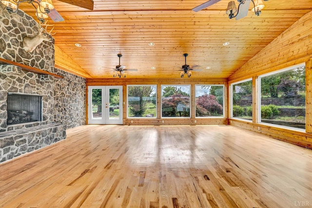 581 Ben Annie Rd, Gretna, VA 24557 - unfurnished living room featuring lofted ceiling, wooden ceiling, a stone fireplace, wood-type flooring, and ceiling fan