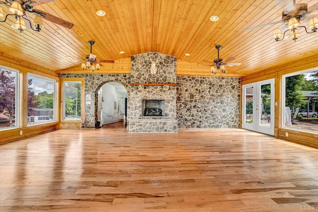 581 Ben Annie Rd, Gretna, VA 24557 - unfurnished living room with wooden ceiling, arched walkways, lofted ceiling, wood finished floors, and a ceiling fan