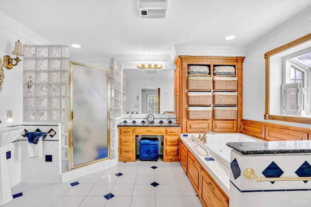 581 Ben Annie Rd, Gretna, VA 24557 - full bath featuring a stall shower, ornamental molding, a tub with jets, tile patterned floors, and recessed lighting