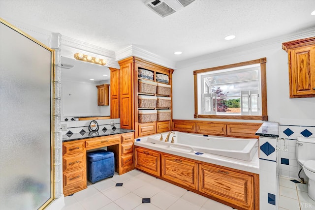 581 Ben Annie Rd, Gretna, VA 24557 - bathroom with a garden tub, a shower stall, tile patterned floors, a textured ceiling, and crown molding