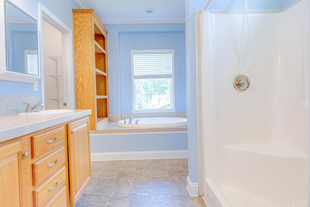 1121 Red Hill Rd, Big Island, VA 24526 - bathroom with ornamental molding, curtained shower, vanity, and a bath
